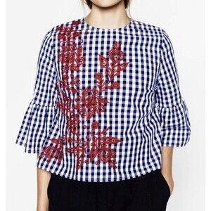 NWT Flores Women Blue Gingham Top Red Embroidery Size M Bell 3/4 Sleeves Country